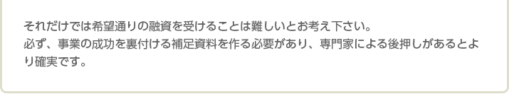 それだけでは希望通りの融資を受けることは難しいとお考え下さい。 必ず、事業の成功を裏付ける補足資料を作る必要があり、専門家による後押しがあるとより確実です。